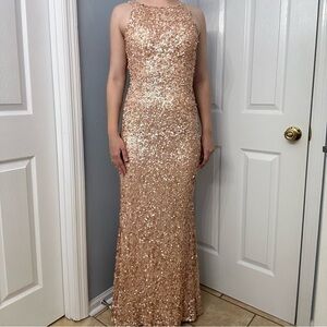 Promgirl Dress Long Sequin Formal Gold Strappy Back Prom Size 2 Extra Small